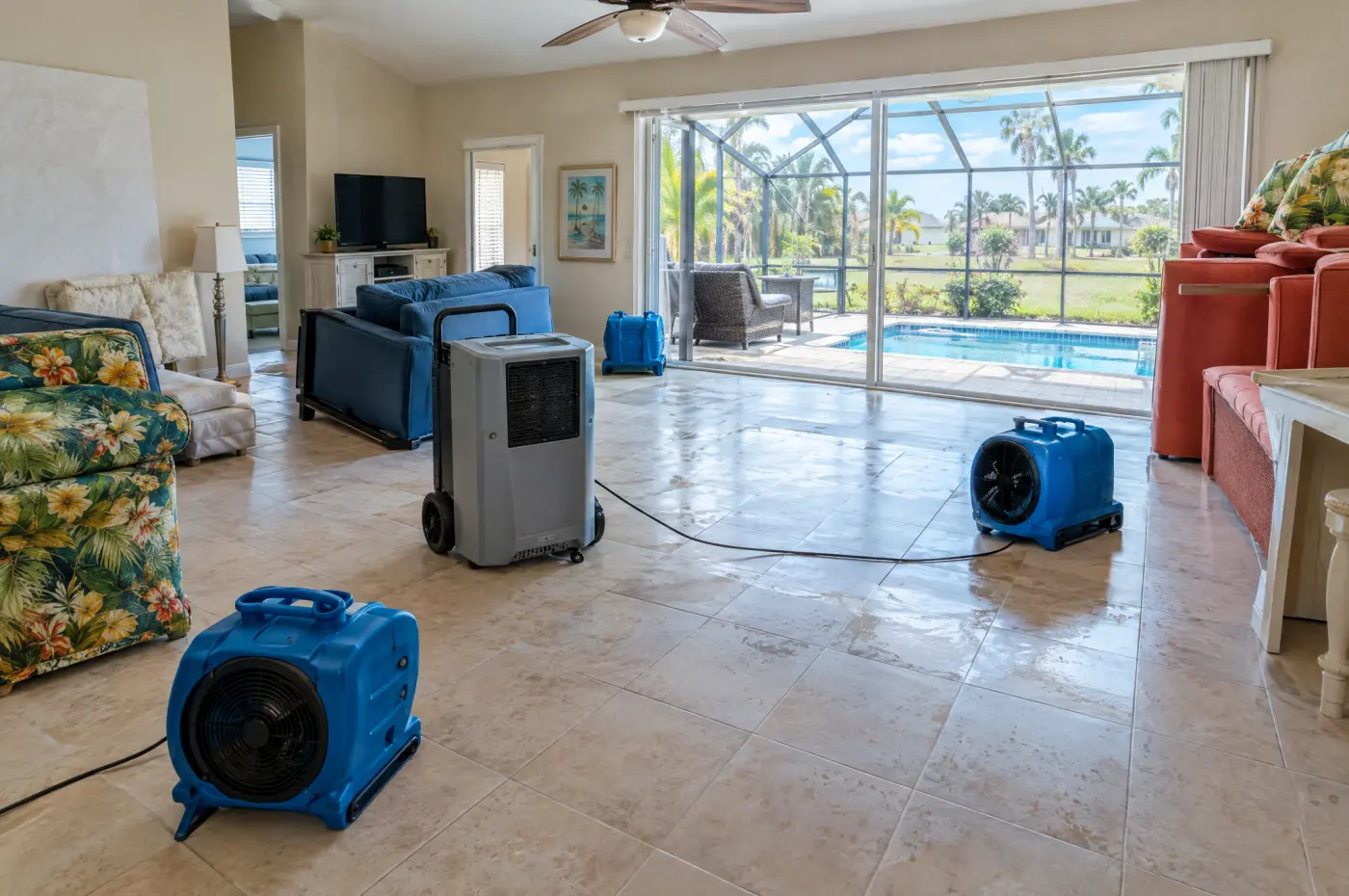 Air movers drying a flooded home in Kissimmee, FL