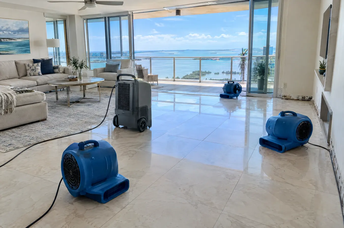 Air movers drying a flooded home in Sarasota, FL